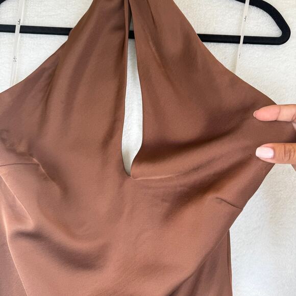 Lulus Satin Halter Midi Dress Brown Sz L NWT | Open Back Wedding Guest Gown - Picture 7 of 16